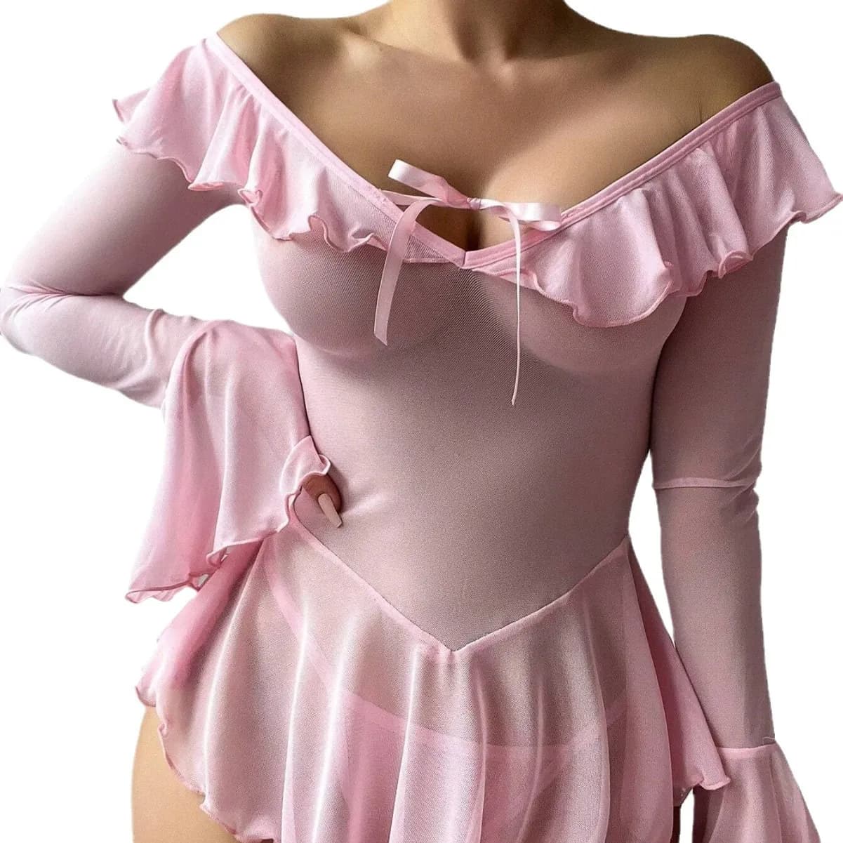 Sexy lingerie for women's body with flared sleeves, women's dolls, with volant, sweet girl, mini transparent dress, erotic costume, latex body