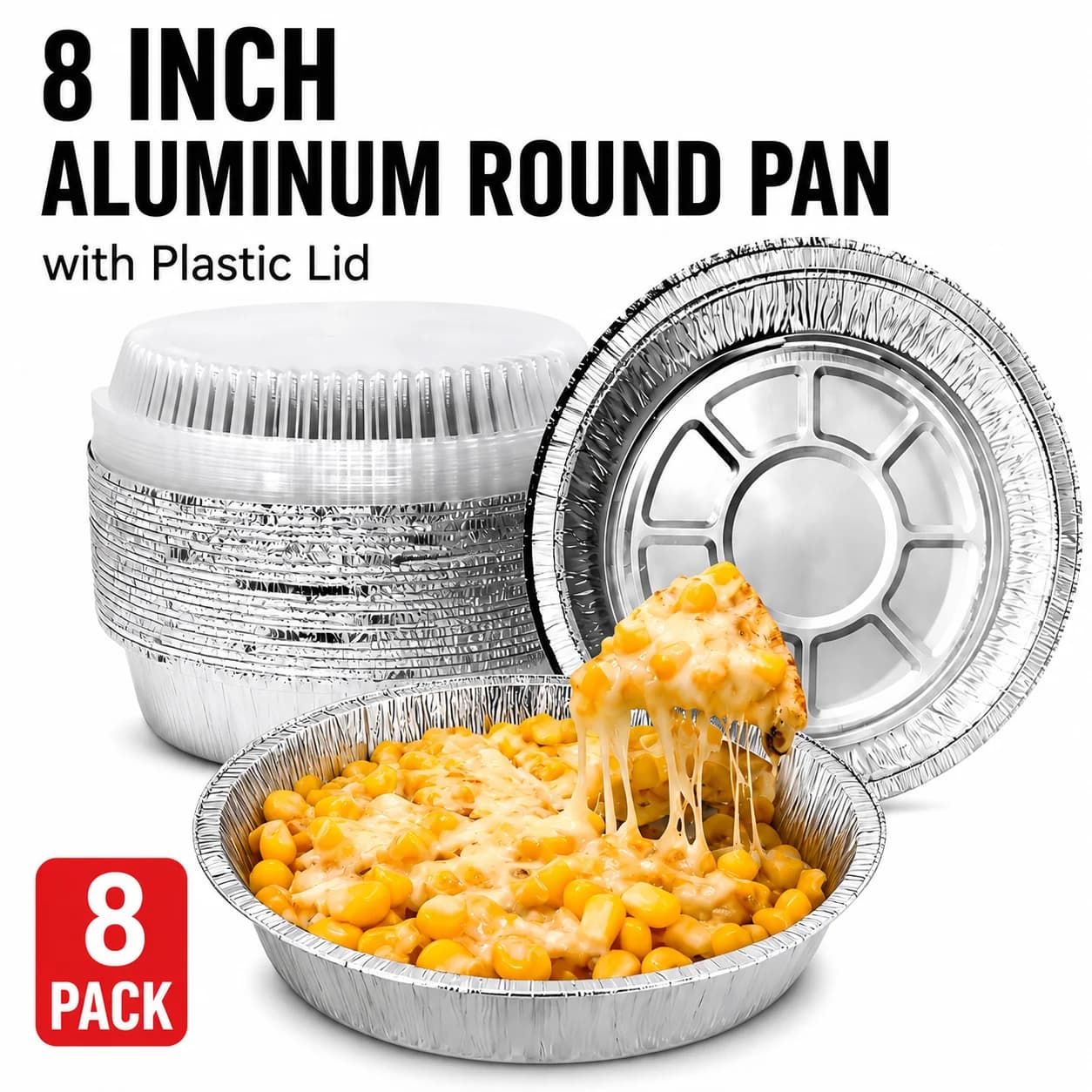 Disposable Round Aluminum Foil Food Containers with Clear Lids (8 Inch), Heavy-Duty Pie Pans, Multi-Use Meal Prep Tins, Reusable-Free Water & Pet Bowls