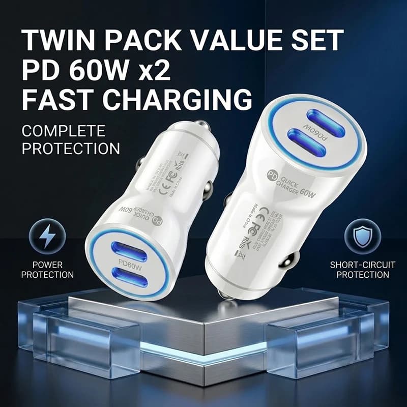 2pcs/Set Type C Car Charger 60W Dual Port Fast Charging Auto Adapter Temperature Chip Safe Power Supply Works With Dash Cams