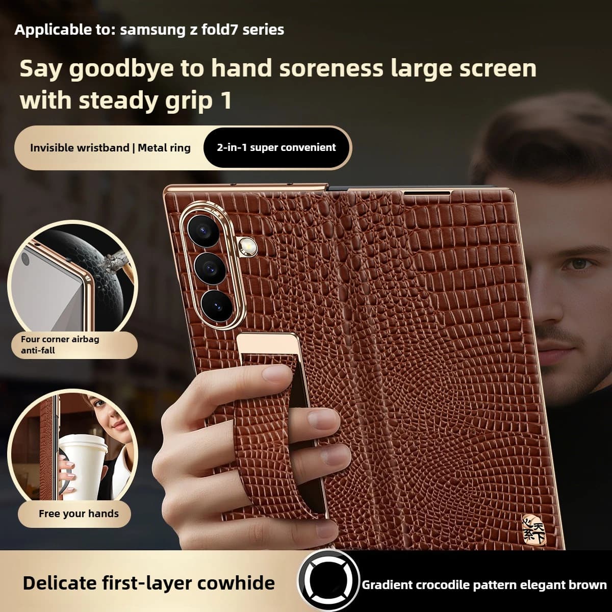 Custodia a Anello da Polso per Samsung Z Fold 7, Nuova Custodia di Lusso in Vera Pelle W25 con Chiusura Magnetica per Z Fold 6 5 4, Protezione Completa