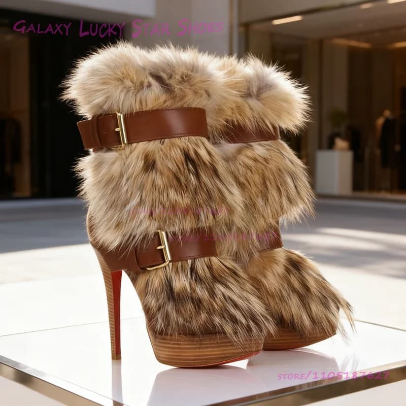 Long boots with brown calfskin Suede black buckle kaki red pin heels Platform casual winter boots casual shoes with pleated volant for girls