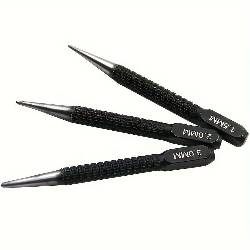 3 piece high carbon steel central punch set, anti-slip central punch used for metal alloy steel drilling, 1.5 2 3 mm