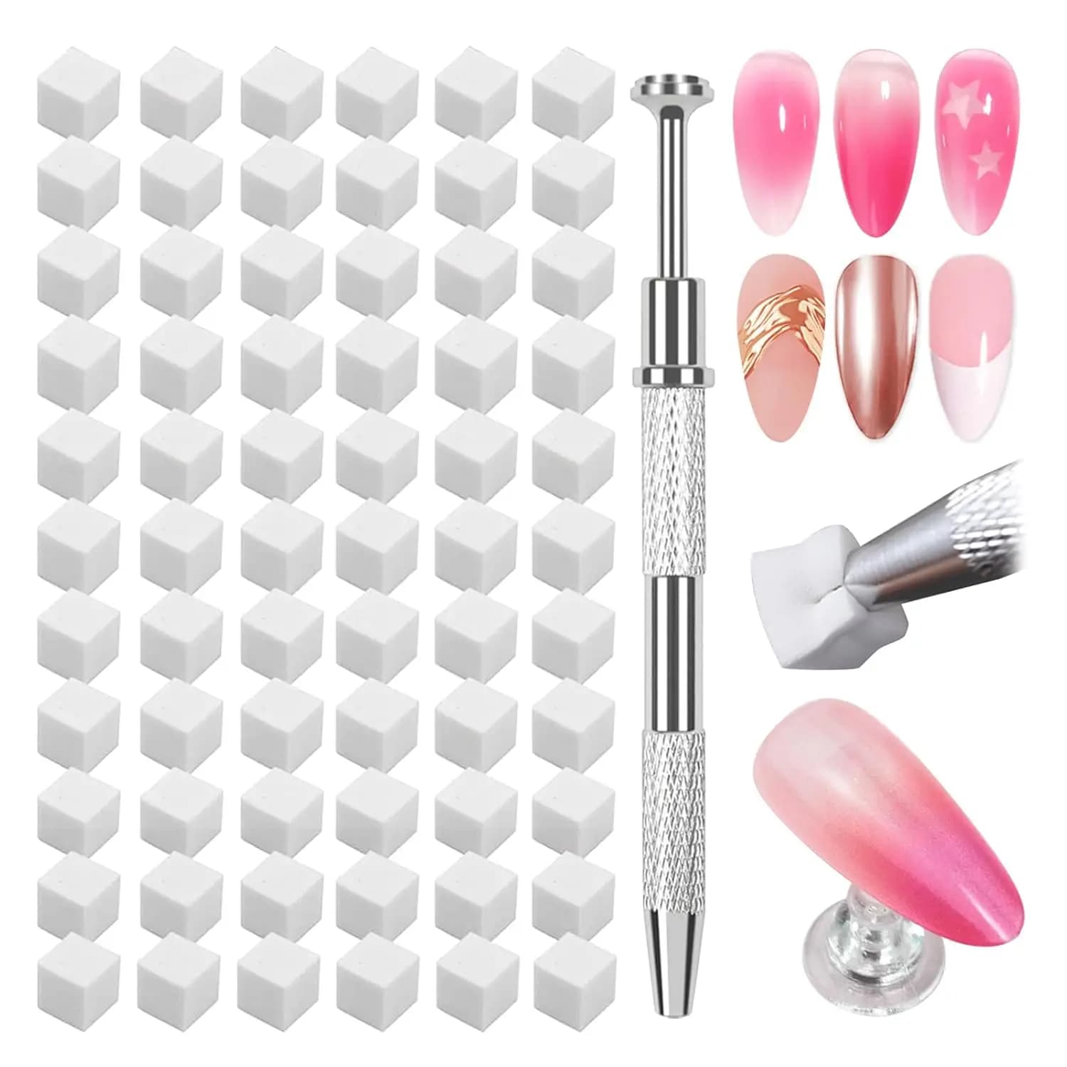 150Pcs Ombre Nail Sponge Set with Metal Grabber Pen, Soft Gradient Foam for Chrome Powder Gel Blending Manicure Salon Home DIY