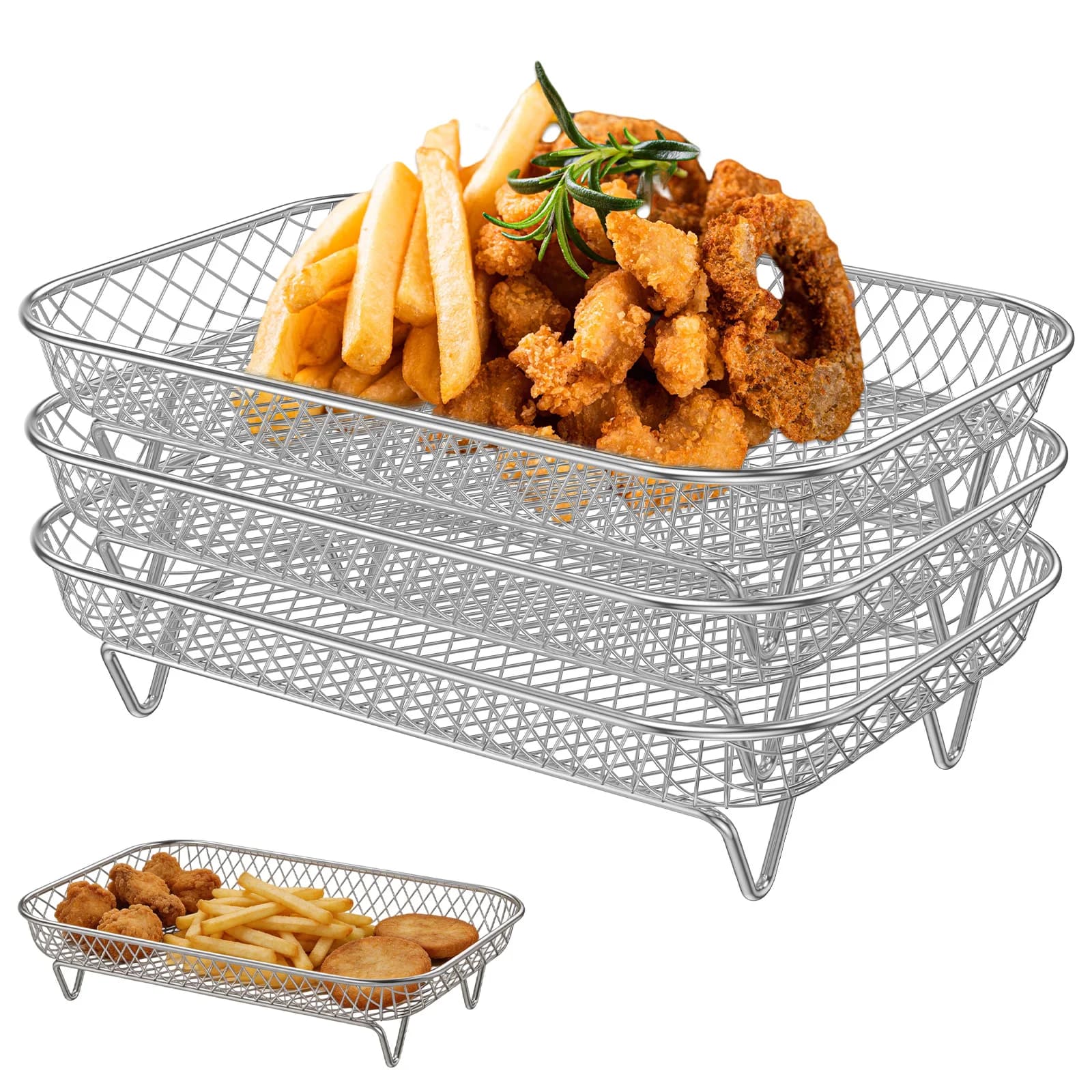Griglia per Friggitrice ad Aria Impilabile in Acciaio Inox 304 Antiaderente a 3 Livelli, Supporto per Cottura in Friggitrice ad Aria, Accessori da Cucina