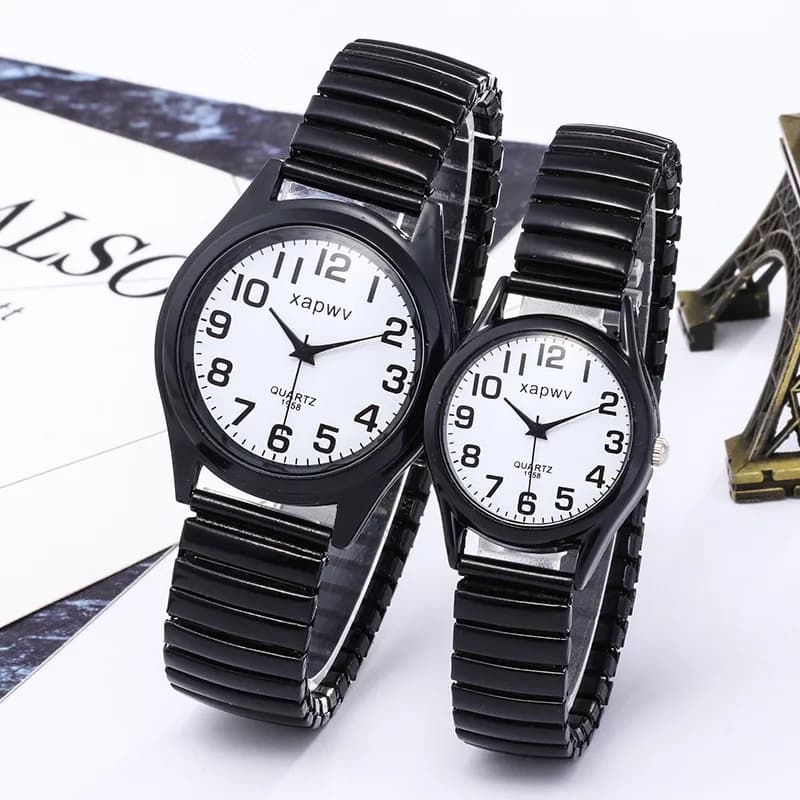 Women's Fashion Couples Watches Creative Minimalist Quartz Wrist Watch with Stainless Steel Elastic Strap Quartz Wrist Watch for Retro Senior Couple