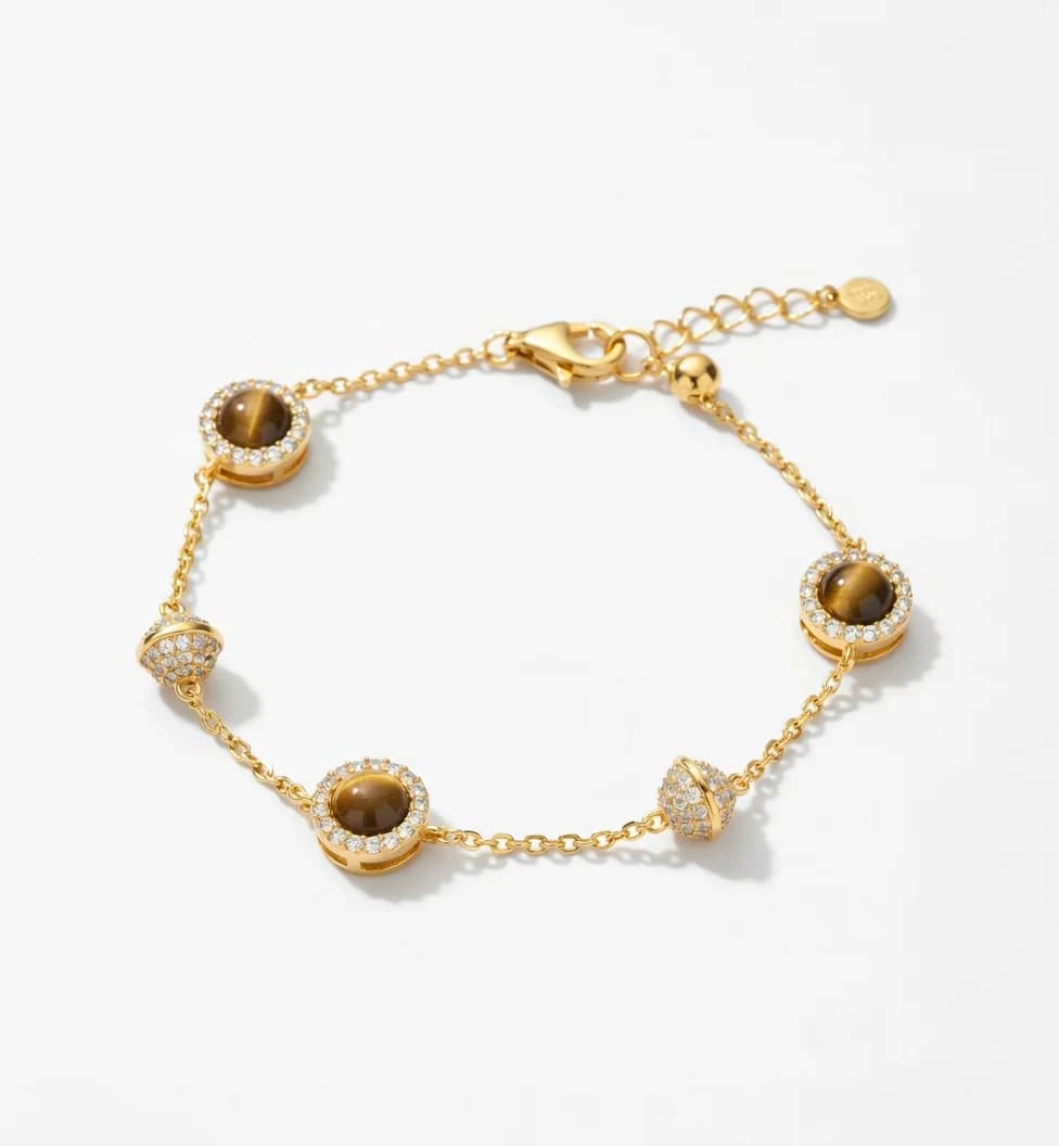 Bracciale con Perle Rotonde in Zircone Occhio di Tigre Dorato per Donne, Set di Gioielli di Alta Moda con Charm Pianeta, Collana, Bracciale e Orecchini