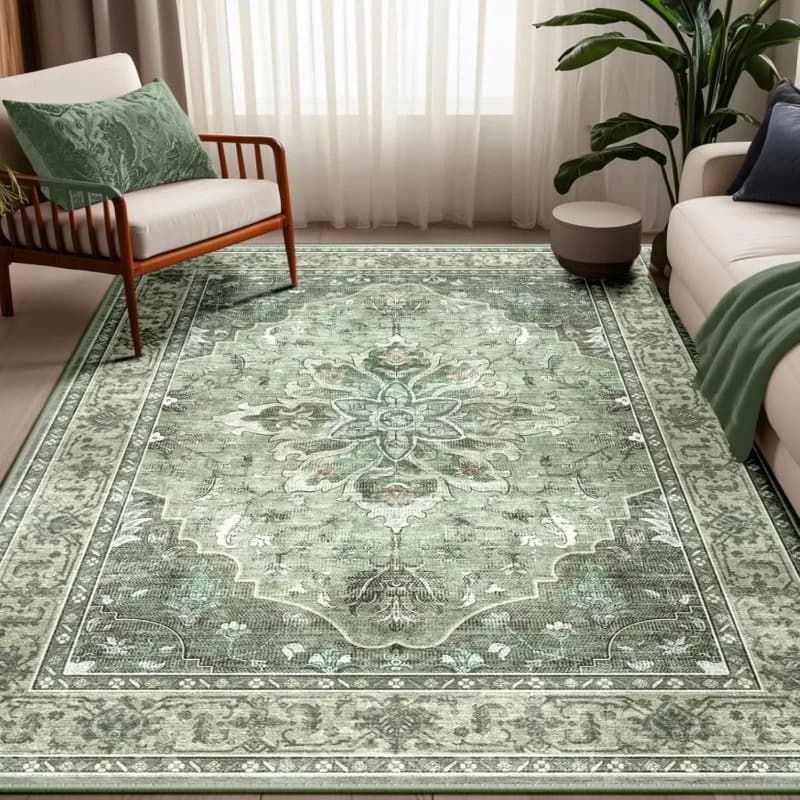 Tappeto in Stile Persiano Tradizionale Effetto Invecchiato, Motivo Floreale Verde Salvia, Tappeto per Soggiorno Antiscivolo Morbido Boho per Arredamento Interno