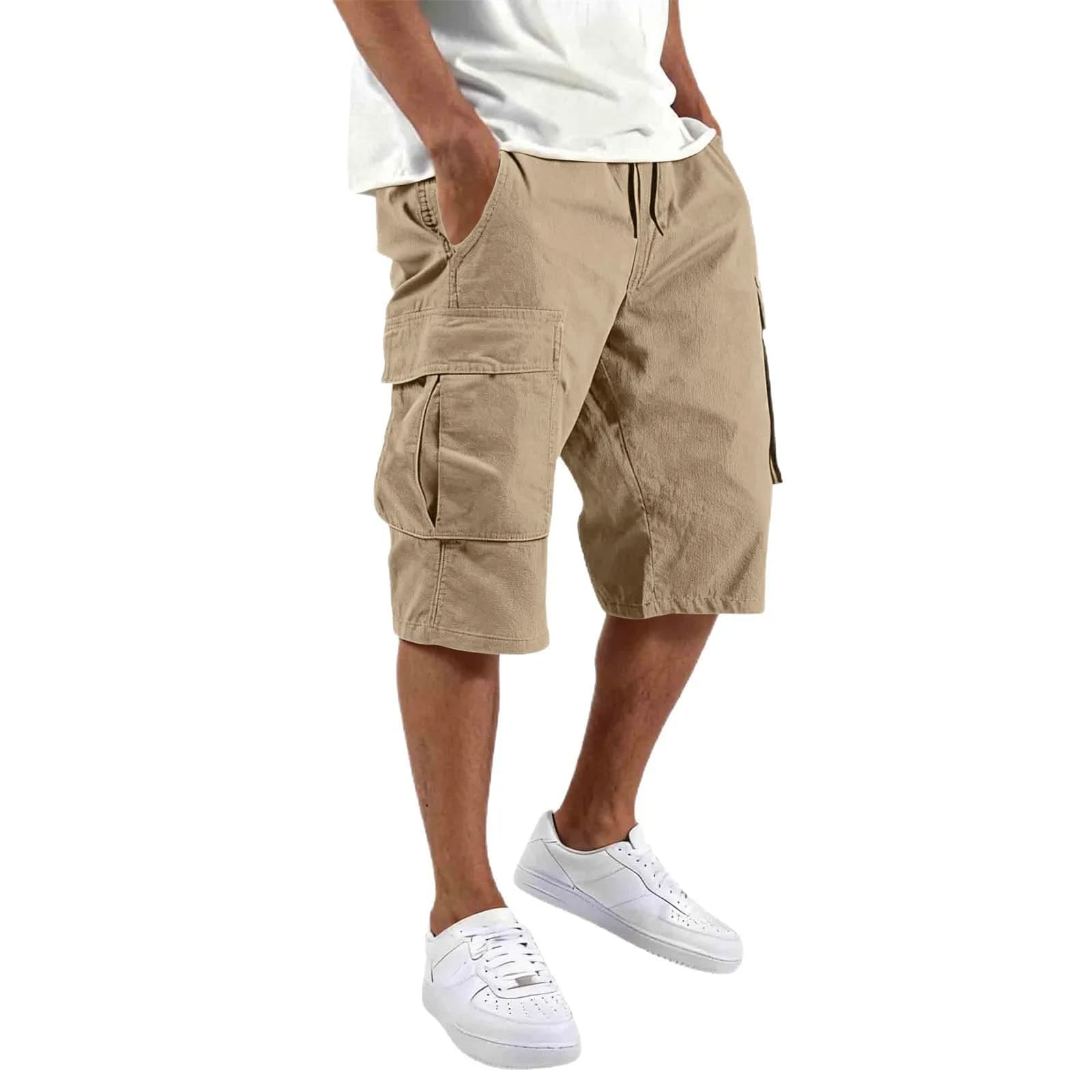 Pantaloncini Cargo da Uomo Estivi 2026, Modello Dritto e Comodo, Multitasche, Tinta Unita, con Coulisse, per Uso Quotidiano