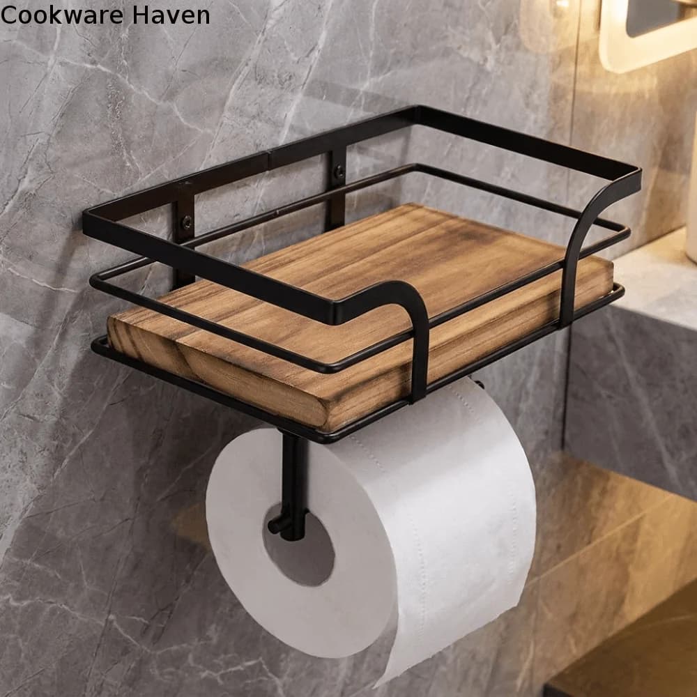 Durable Wooden Toilet Paper Holder Wall Mounted Rustic Style Paper Phone Holder Space Saving Paper Storage Shelf for Bathroom