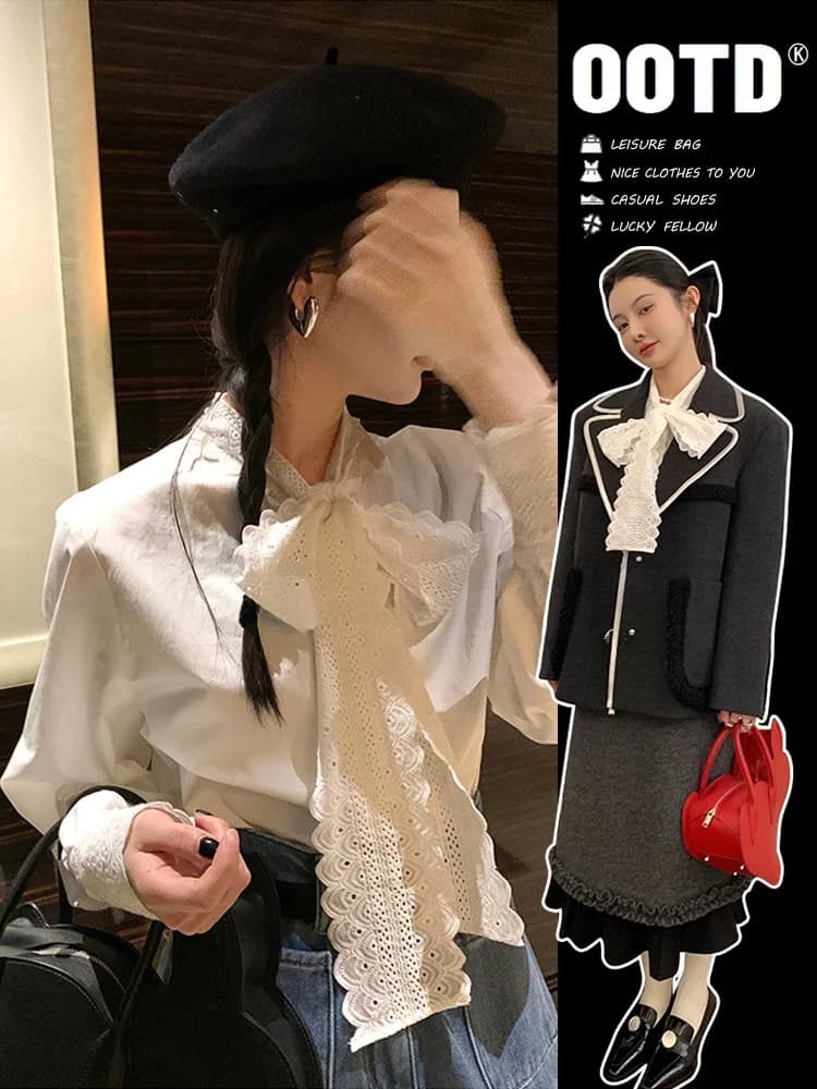 Lace Trimmed Women's Shirt Spring Autumn Slim Fit Knot Underwear Base Layer Shirt Winter Long Sleeve Button up