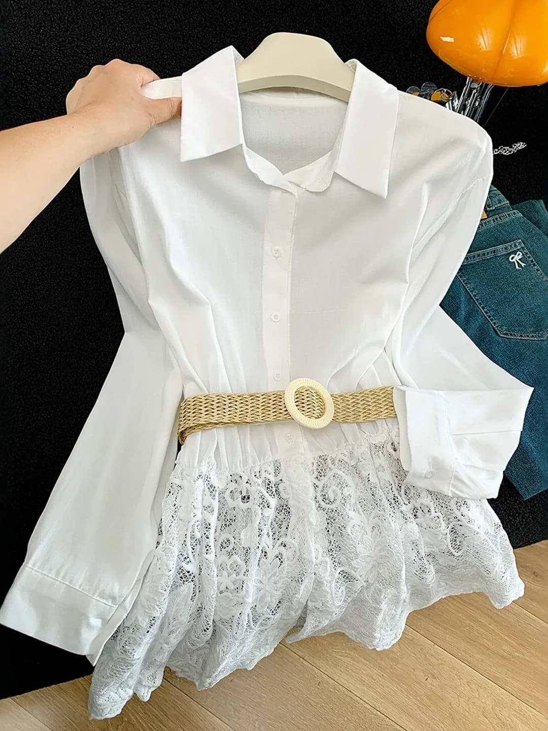 Camicia da donna in stile coreano con inserti in pizzo, protezione solare, cardigan estivo con cintura, top snellente a maniche lunghe con colletto