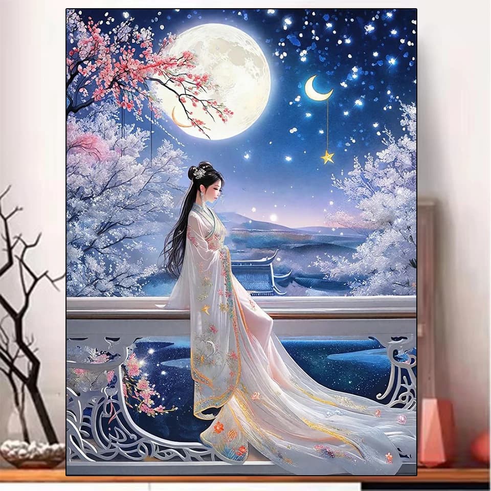 5DDIY Diamond Painting: Ricamo a Mosaico con Maniche Larghe, Tema Dea, Fiori e Luna, Stile Tang Hanfu, Nuovo Sogno Femminile