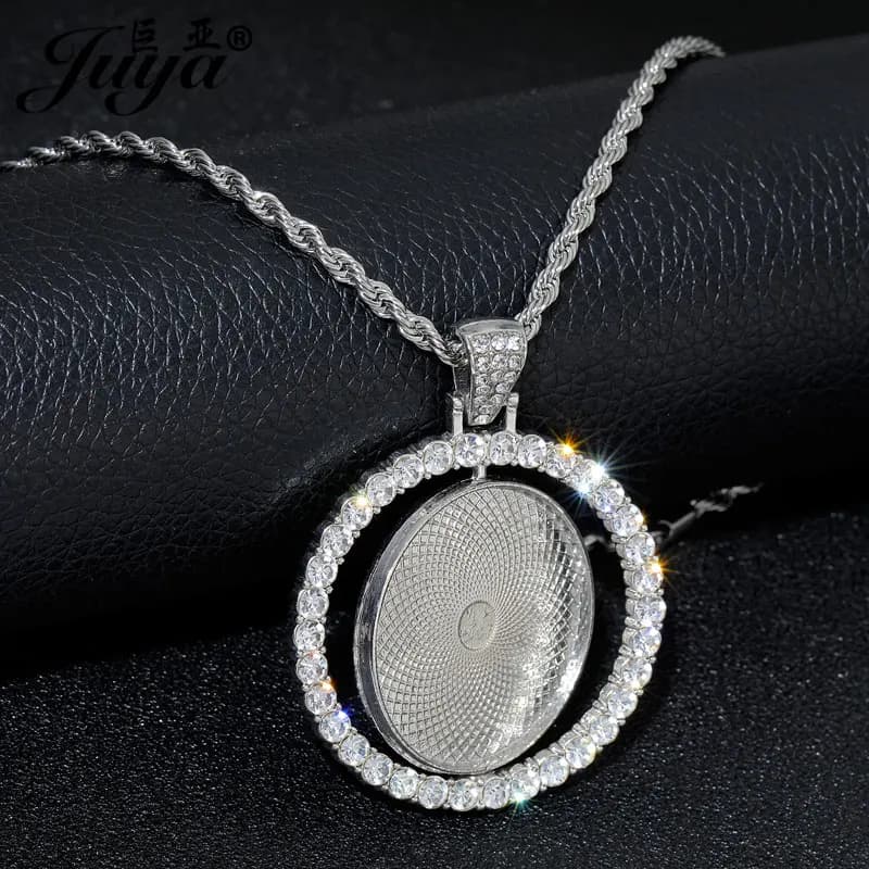 Catena in acciaio inossidabile da 60 cm + vassoio base cabochon con pendente vuoto girevole a doppia faccia da 25/30 mm per collane di gioielli di moda fai da te