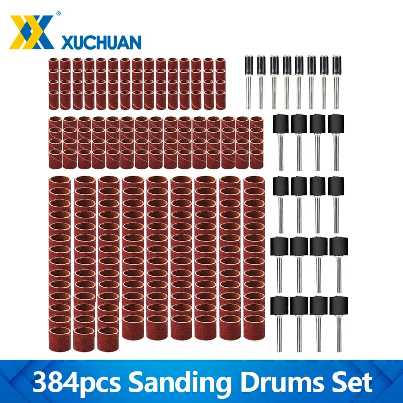 Set of 384 abrasive drums with 80-600 grain, abrasive bands with 1/4, 3/8, 1/2 inch spindles for Dremel rotary tools, abrasive instruments