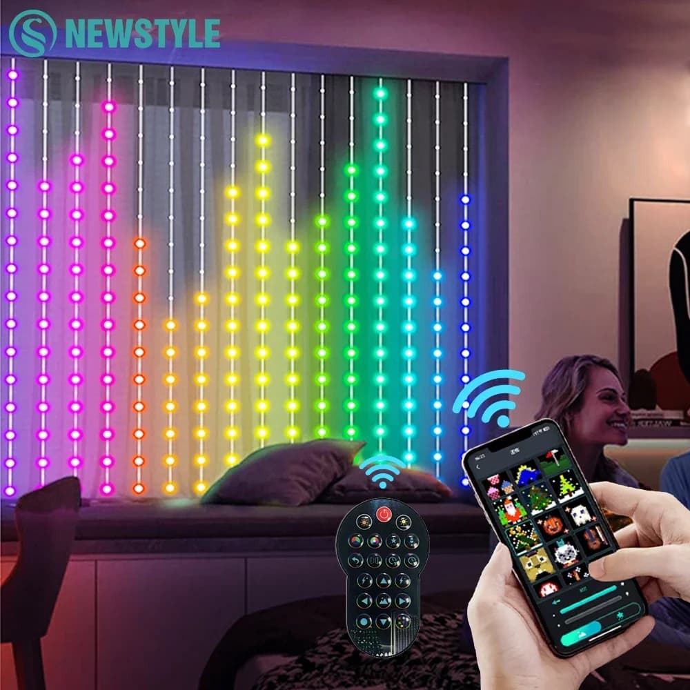 Luci per tende a LED intelligenti con telecomando Ritmo musicale APP Testo a colori fai-da-te e motivo Stringa per appendere finestre per la decorazione domestica