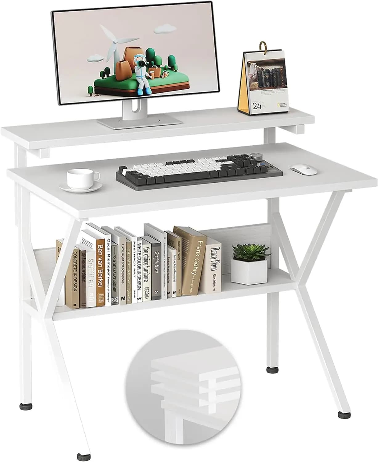 COTUBLR Scrivania piccola, scrivania per computer da 27,5 pollici per piccoli spazi, scrivania per computer con supporto per monitor regolabile, scrivania compatta Wi