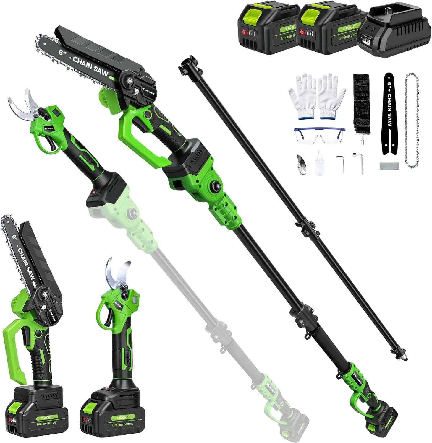 Potatore Elettrico a Batteria con Asta Telescopica da 15 Piedi, Forbici da Potatura da 6 Pollici, Attrezzo da Giardino con Due Batterie da 4.0Ah