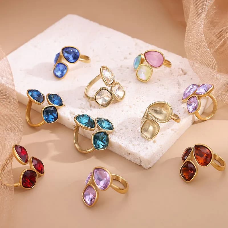 Anelli aperti di gioielli di moda semplici Anello di cristallo multicolore in acciaio inossidabile placcato oro 18 carati per gioielli da donna