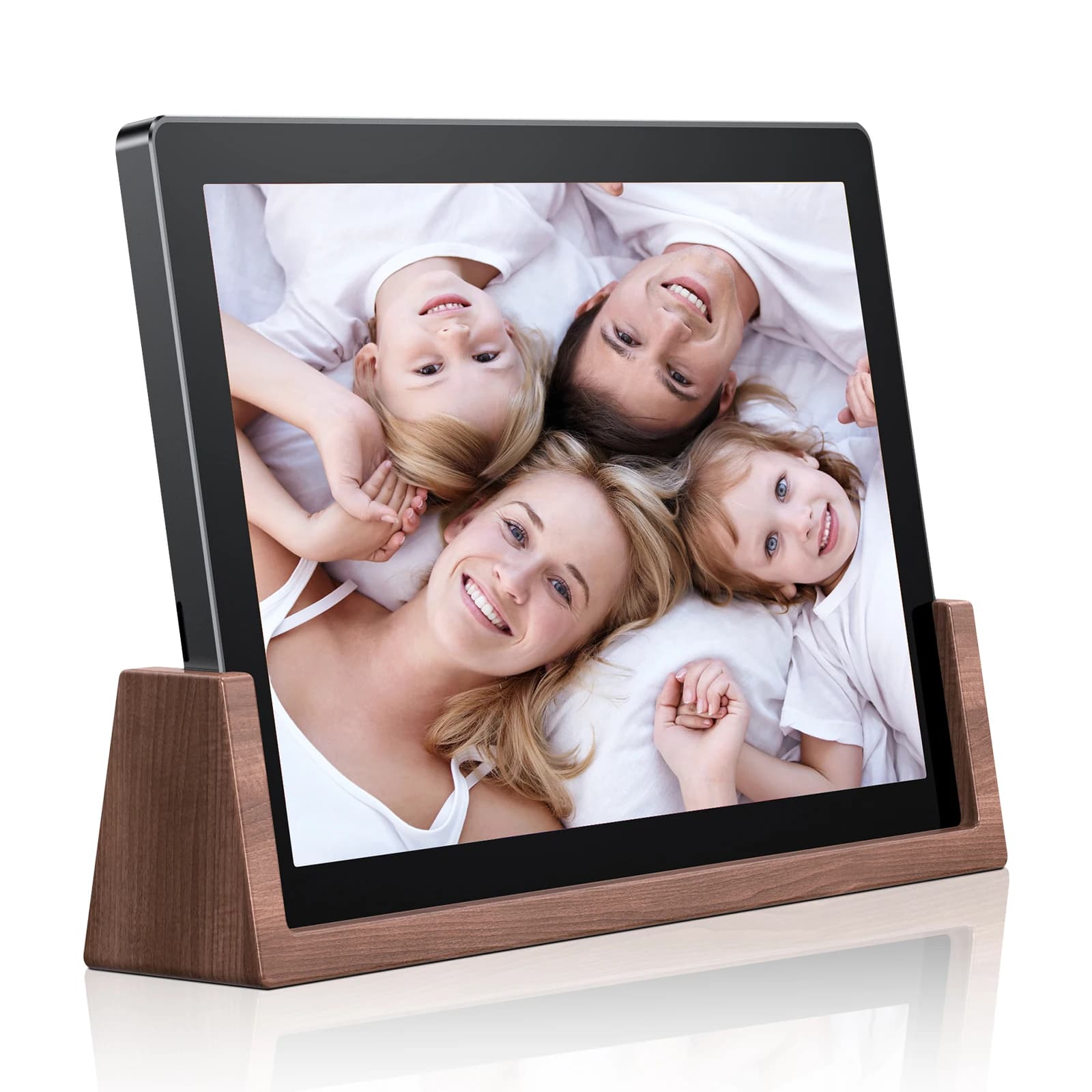 Cornice per foto digitale Smart WiFi da 10,1 pollici Touch screen LCD Custodia in metallo ultrasottile Supporto in legno APP Bluetooth IOS Android Controllo cloud