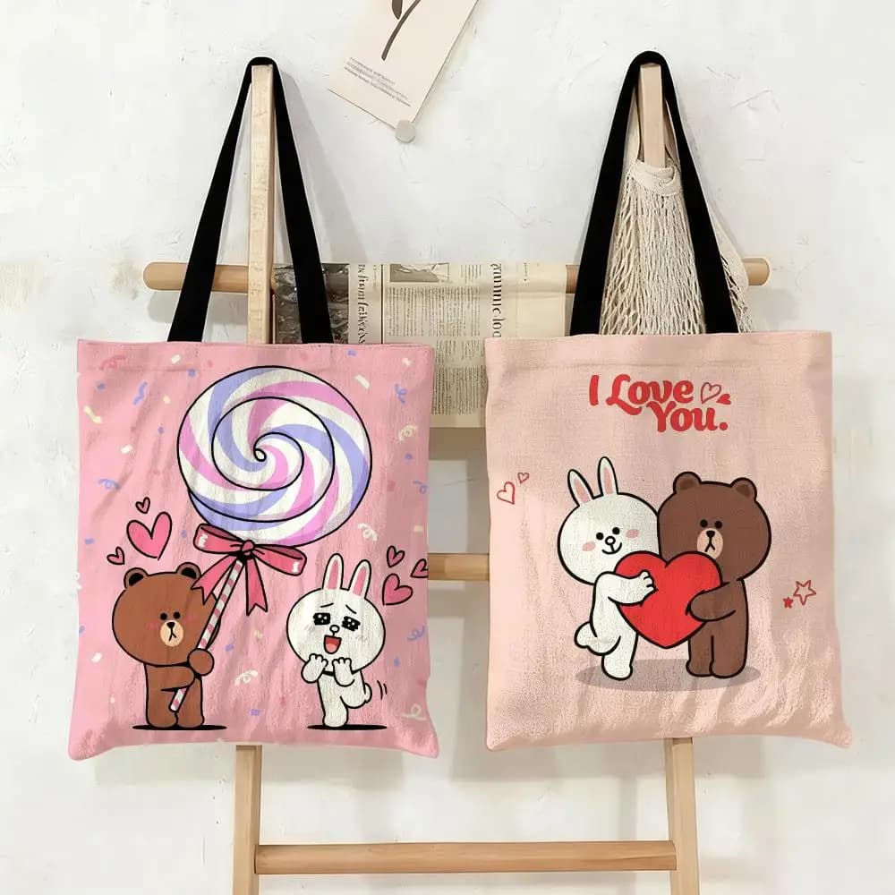 B-Brown Bear and C-Cony Storage Bags Storage Bags Canvas Tote Bag Large Capacity Shoulder Fashion Eco Shopping Handbag
