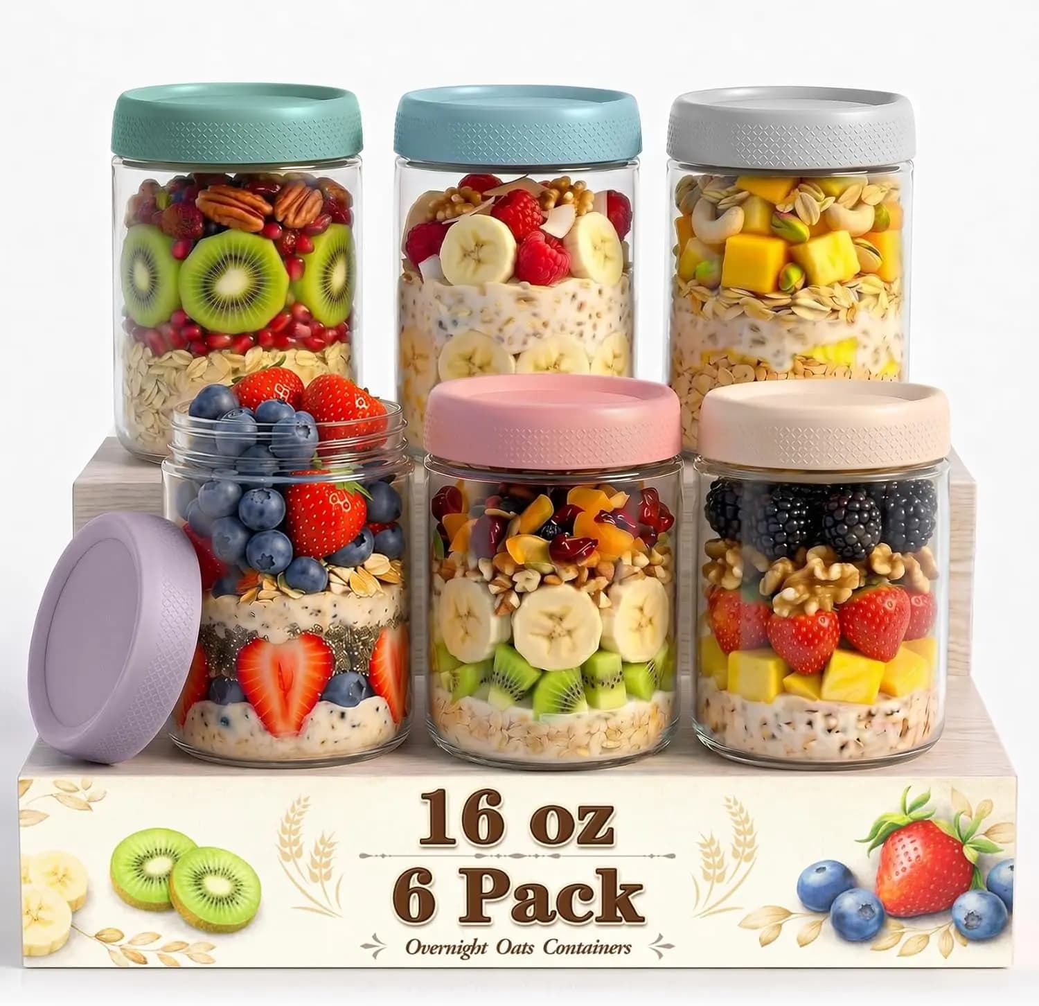Set di 6 Contenitori da 16oz per Overnight Oats con Coperchi Ermetici per Preparazione Pasti, Yogurt, Chia Pudding e Snack
