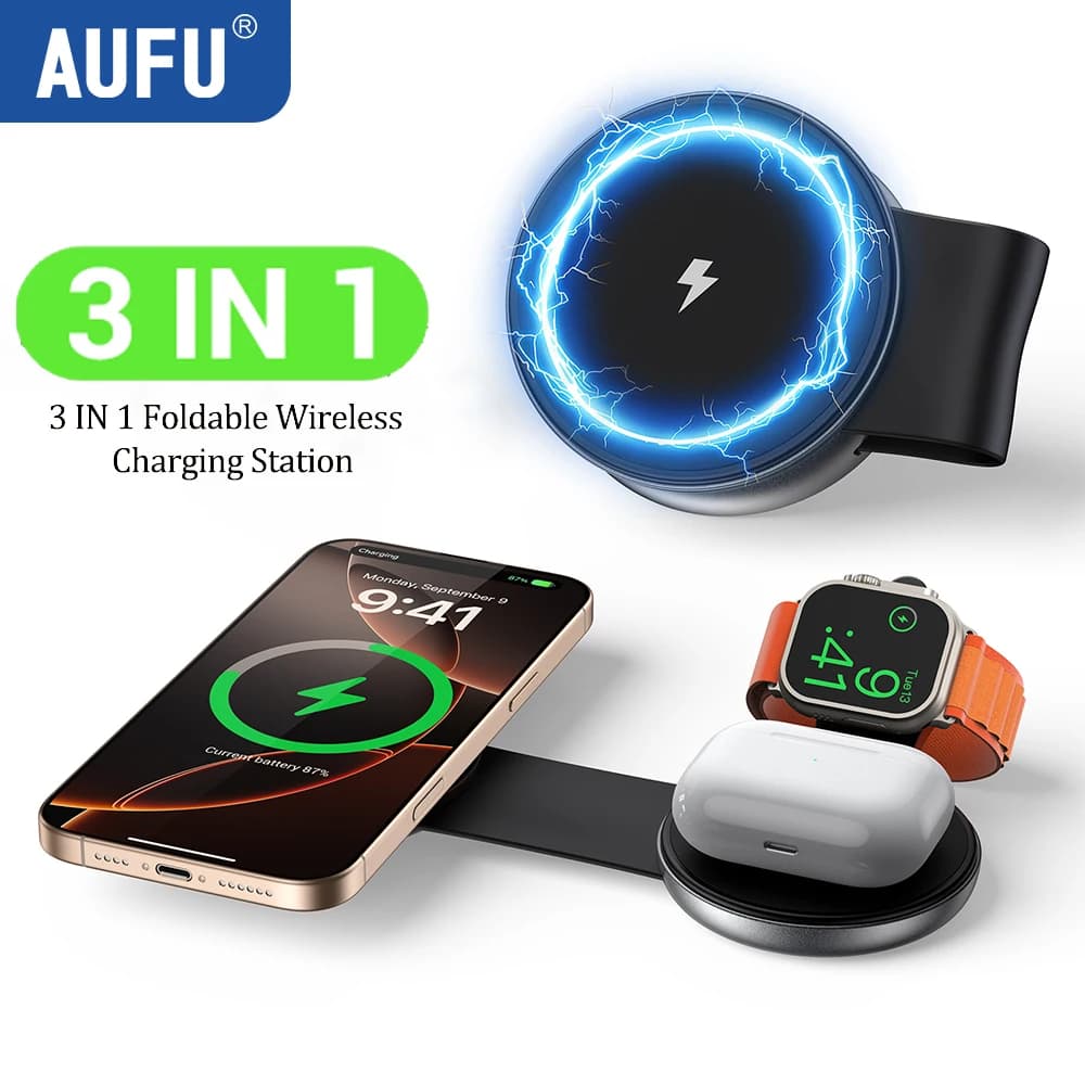 AUFU 3 In 1 Magnetic Wireless Charger for Apple Watch Airpods Portable USB Type C Quick Magnetic Charger for iPhone 16 15
