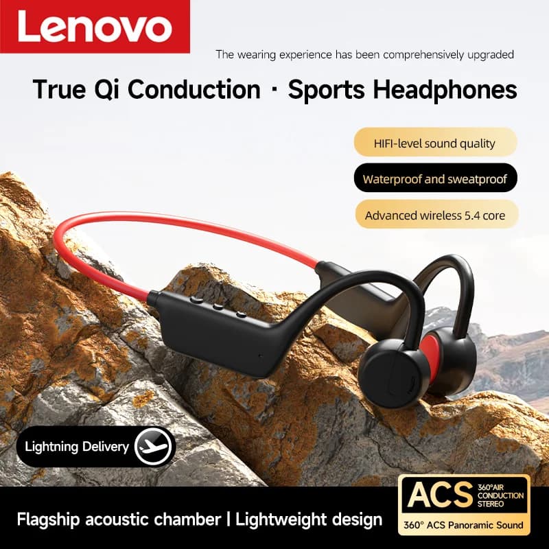 Lenovo Bone Conduction Headphones Wireless Waterproof Earphones HiFi Stereo Sound TF Card Slot Long Battery Life for Sports