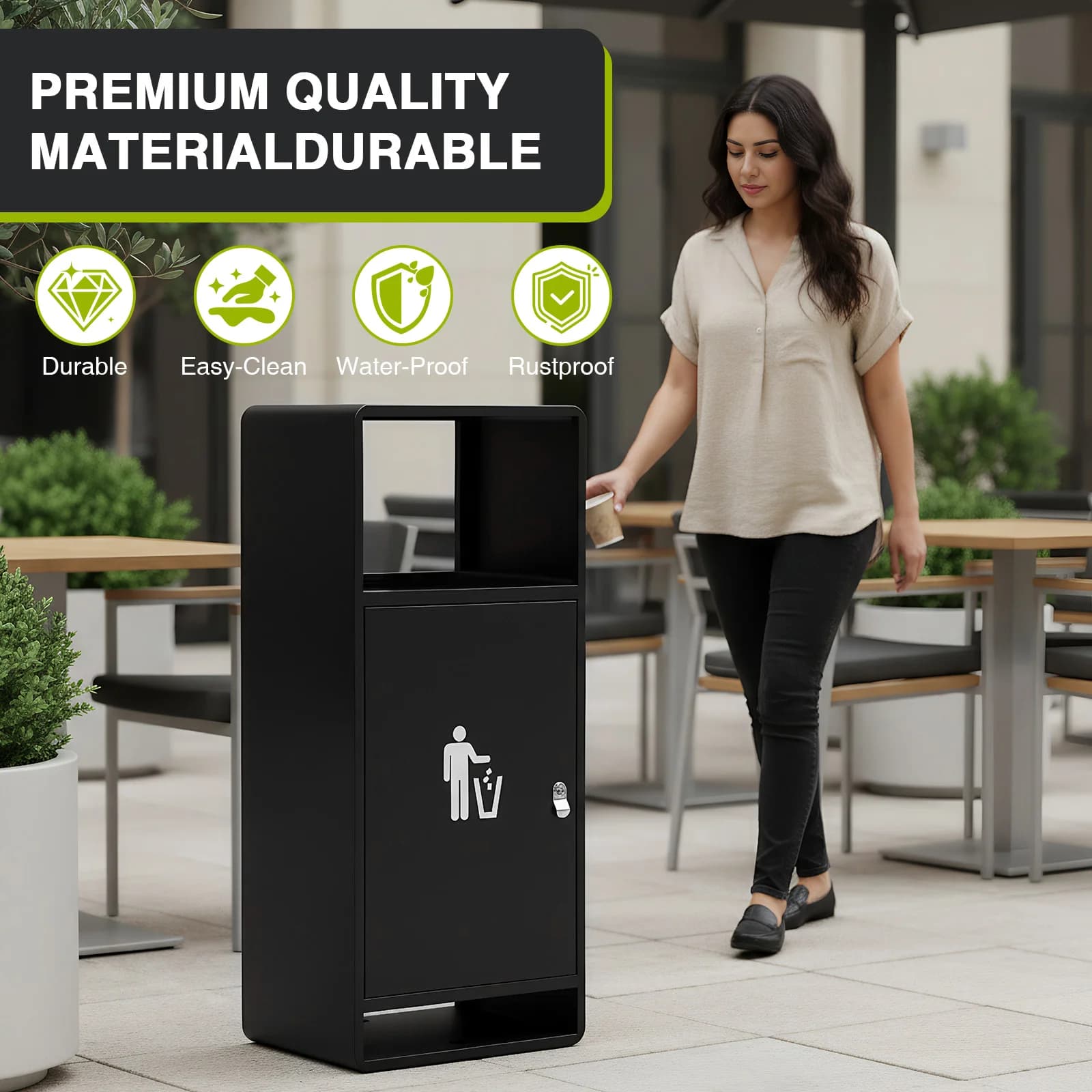 Cestino per Rifiuti Commerciale da Esterno, Design Moderno Nero, Bidone per Riciclaggio con Contenitore Rimovibile e Posacenere per Ufficio, Hotel, Patio
