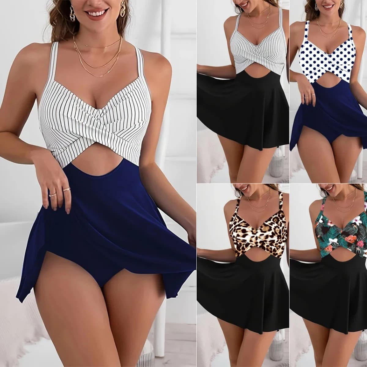 Costume da bagno donna Tankini con top incrociato sul davanti, spalline regolabili, scollo a V, gonna a vita alta, set tankini, costume da bagno modesto