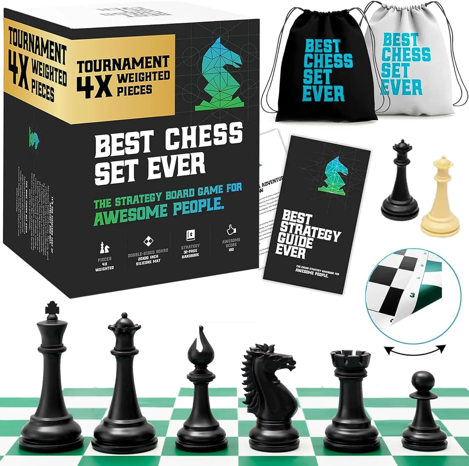 Set di Scacchi da Torneo con Pezzi Staunton Pesati, Scacchiera in Silicone 20x20, Guida Strategica e Borse Portaoggetti