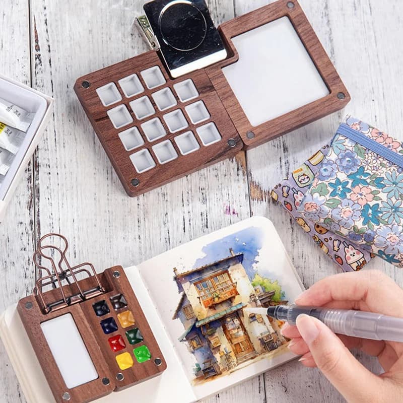Travel-Friendly Walnut Wood Watercolor Sketchbook Palette with Paint Box and Clip