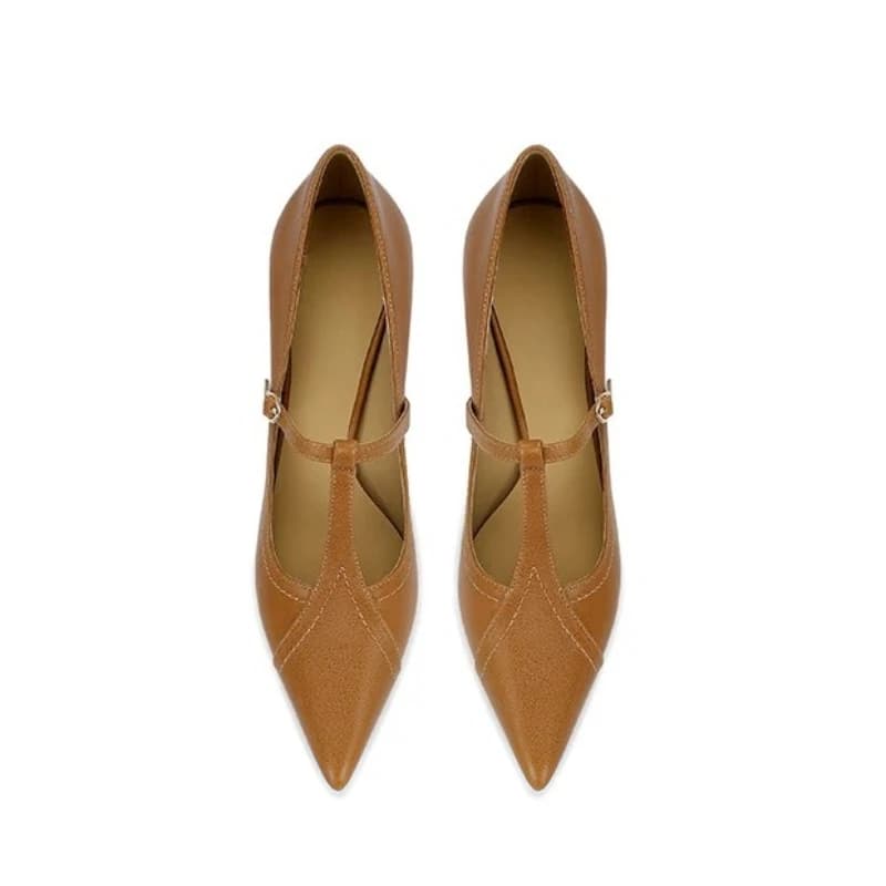 2025 New Office Ladies Genuine Leather Pumps Tip T-strap Thin Heels Mary Janes Leather Shoes For Women Dress