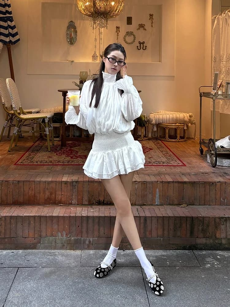 Abito corto da donna in chiffon bianco classico, a vita alta, con maniche a campana, stile dolce, per primavera autunno