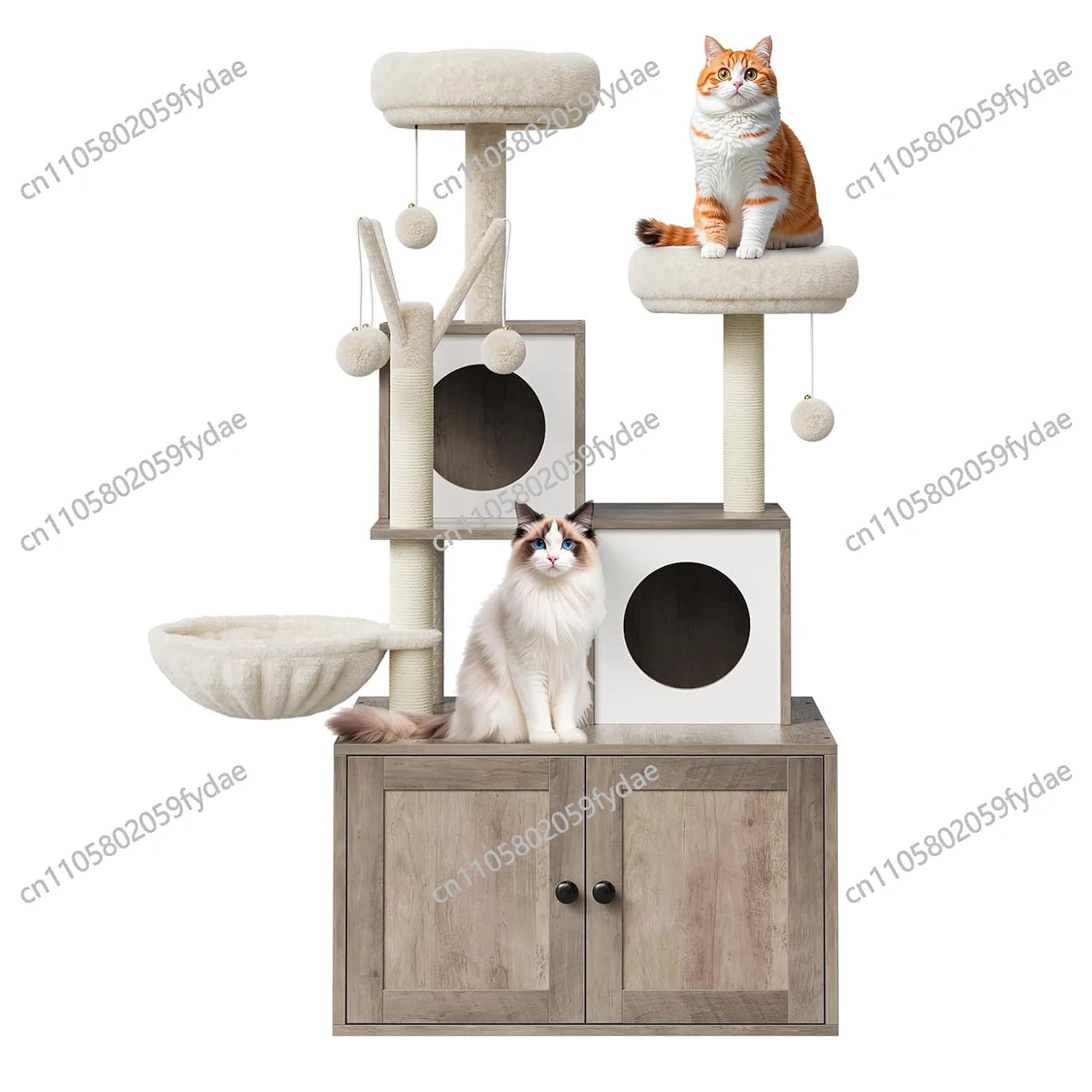 Tiragraffi per Gatti con Box Lettiera Integrato, Torre per Gatti da Interno in Legno con Tiragraffi, Palline Pendenti e Cuccia a Gabbia