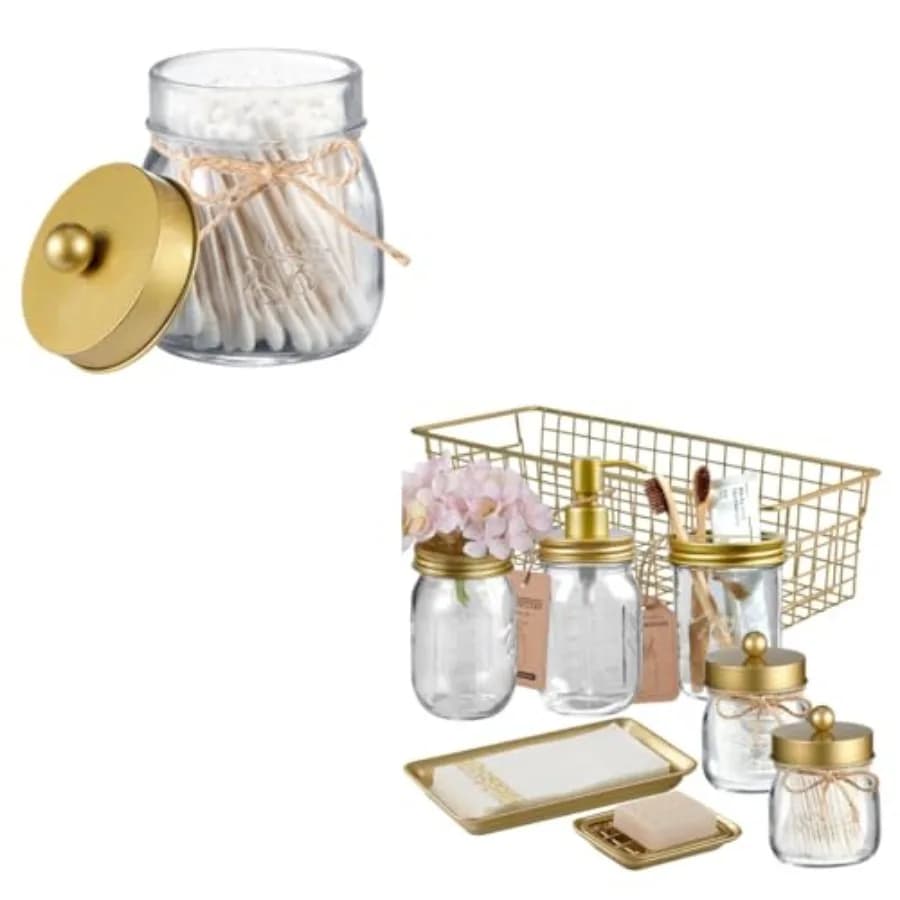 Set di 8 Accessori per Bagno in Stile Mason Jar: Dispenser Sapone Liquido, Porta Spazzolini, Vassoio e Porta Bastoncini Q-Tip