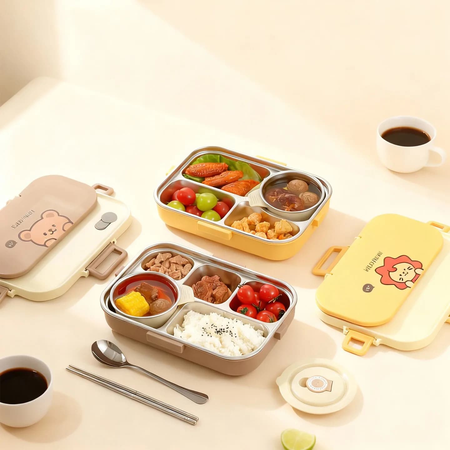 4/5 Grids 304 Stainless Steel Lunch Box With Cutlery&Bowl Students Portable Leak-proof Food Contianer For Hot and Cold Food