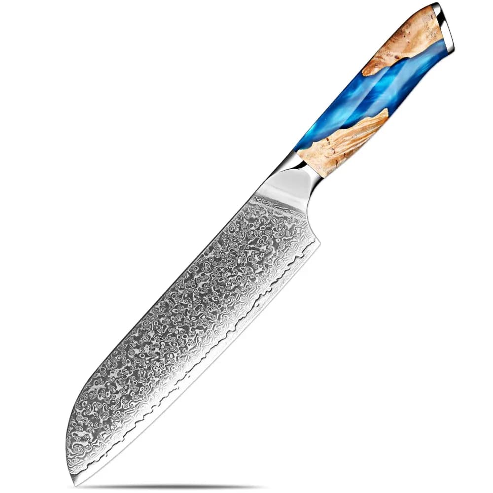 Coltello Santoku in Acciaio Damasco VG10 da 6,7 Pollici con Manico in Legno Stabilizzato, Coltello da Cucina Giapponese per Tagliare Carne e Verdure