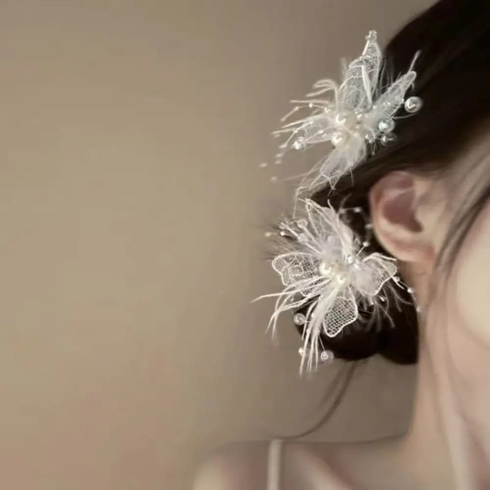 New Lace Butterfly Hair Clip Pearl Feather Headwear Duckbill Clip Hair Accessories Side Clip Styling Hairpin Women
