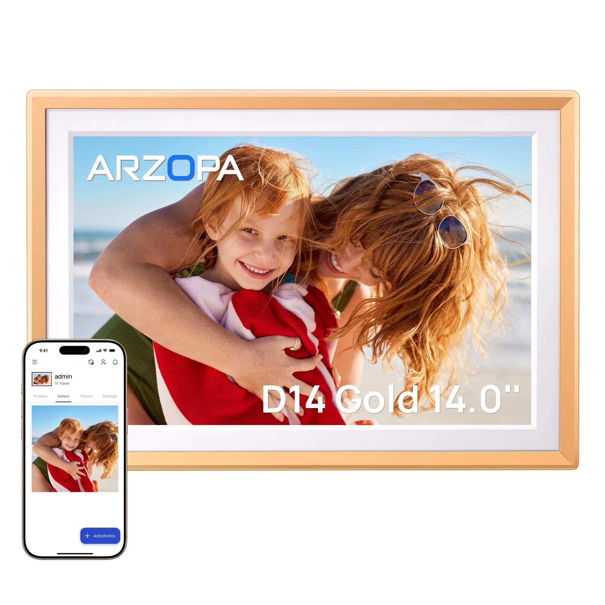 Cornice Digitale WiFi ARZOPA da 14 Pollici, Schermo Touch IPS HD, Archiviazione Cloud Gratuita Illimitata, Condivisione Remota Foto e Video, Regalo per la Famiglia