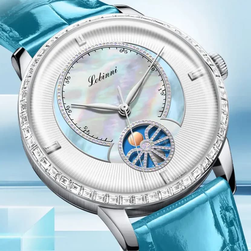 Orologio Automatico da Donna LOBINNI, Orologio da Polso Meccanico di Lusso Impermeabile con Cristalli Austriaci, Quadrante in Zaffiro e Perla, Quadrante Sole Luna