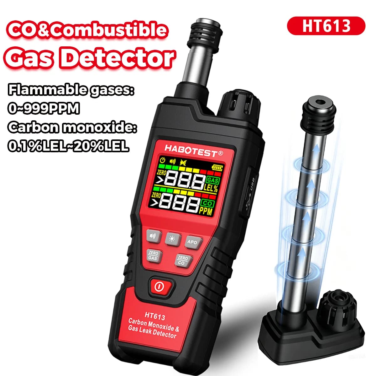2 in 1 Gas Detector Combustible Gas Carbon Monoxide Detector 0-999PPM 20% LEL Gas Analyzer Sound and Light Alarm CO Gas Tester