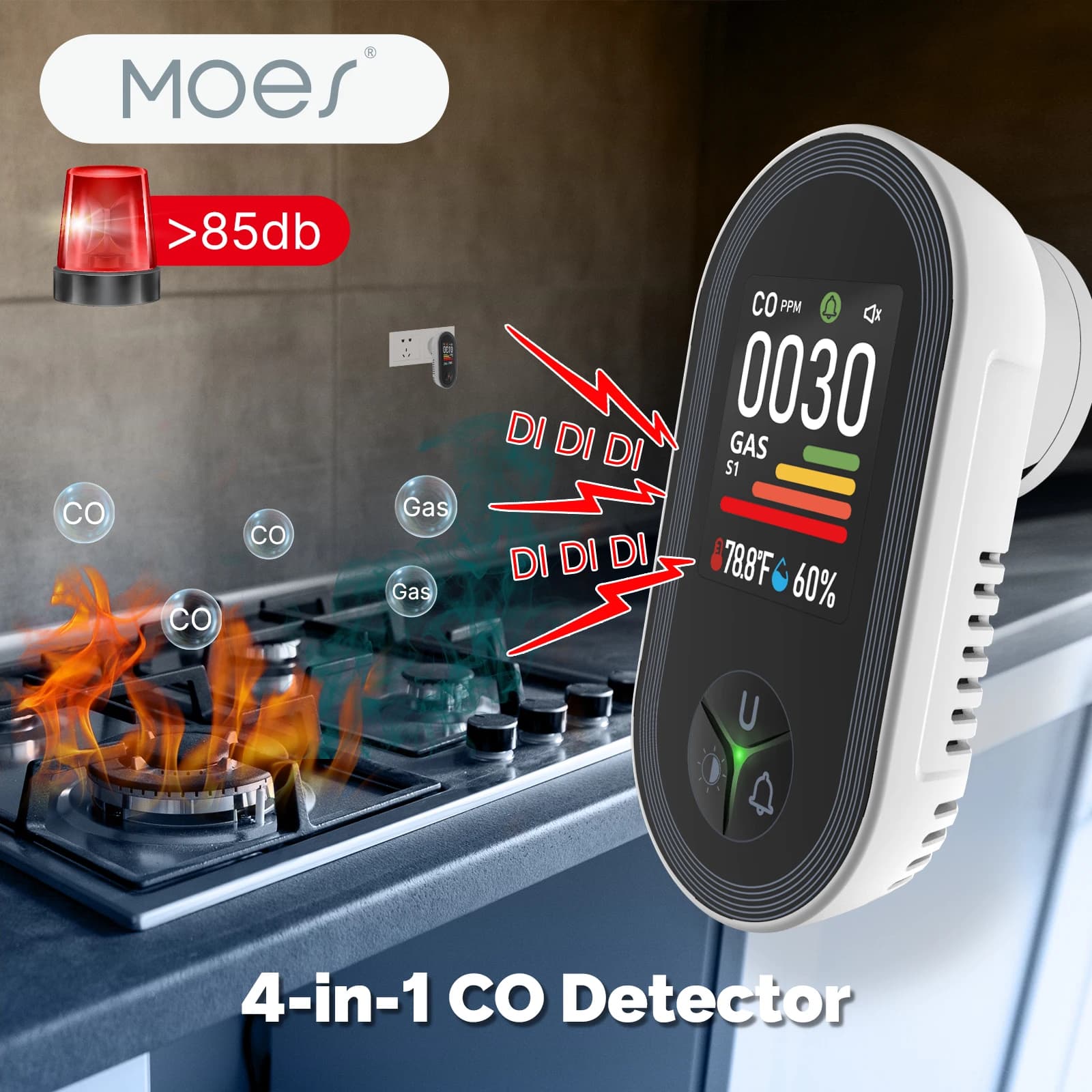 Rilevatore di Gas Combustibile e Monossido di Carbonio 4-in-1 MOES con Allarme Integrato, Display Plug-in e Sensore di Umidità e Temperatura CO