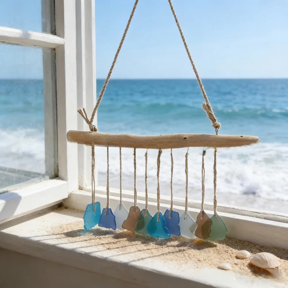 Handmade Blue Sea Glass Wind Chime With Driftwood Beach Style Wall Hanging Art Decor For Indoor And Outdoor Use