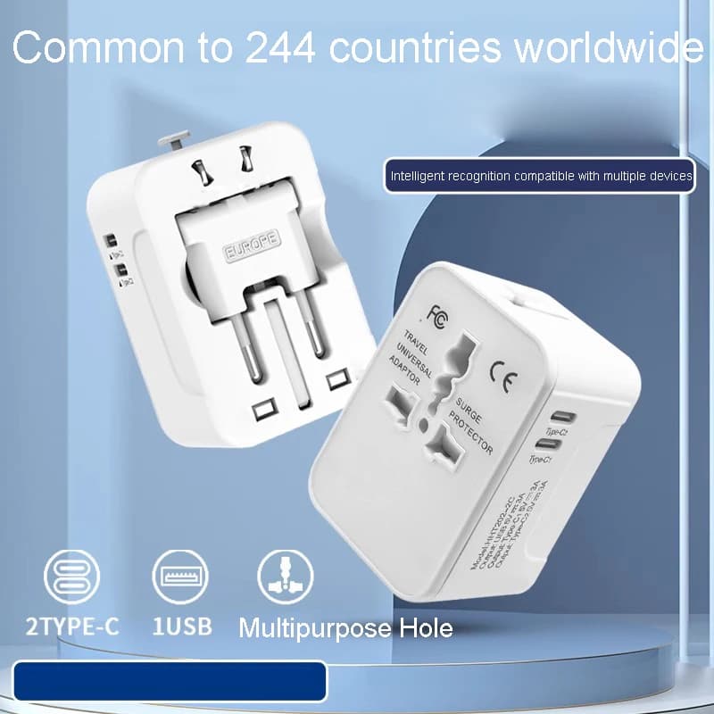 Universal Travel Adapter Fast Charger All in One Plug Adapter 2 USB-C | Type C PD20W GaN,Worldwide Power Adapter,International Wall Charger,Foldable Plug Converter,For Europe UK AUS Asia