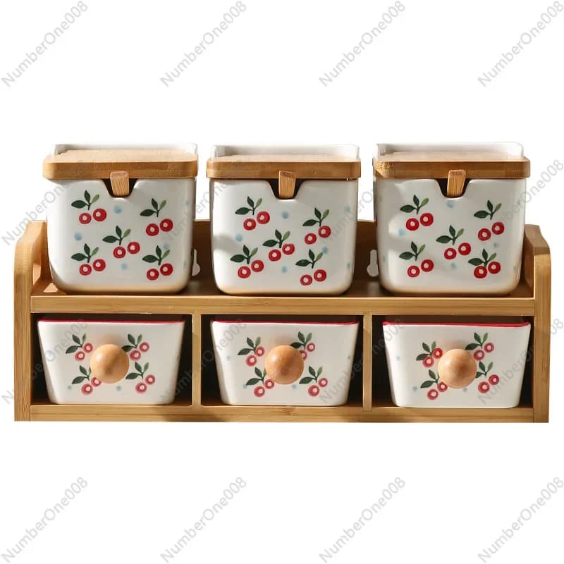 Set di Contenitori per Spezie a Doppio Strato con Motivo Ciliegia - Set di Barattoli per Sale e Glutammato Monosodico per Cucina Domestica