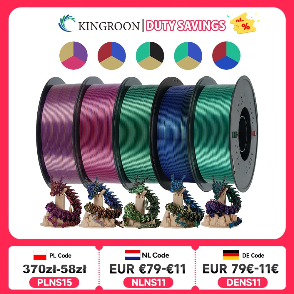 KINGROON Filament PLA tricolor in silk of 5 kg 1,75 mm, 3D printing material for three-color coextrusion, new color change, 5 rolls of 1 kg/bobin