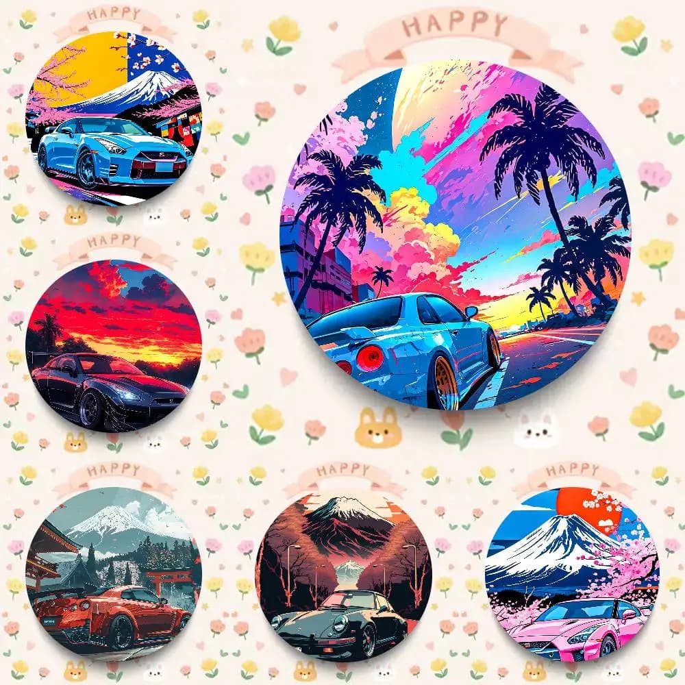 Spille smaltate rotonde in stile cartone animato per auto, decorazioni per zaini e accessori