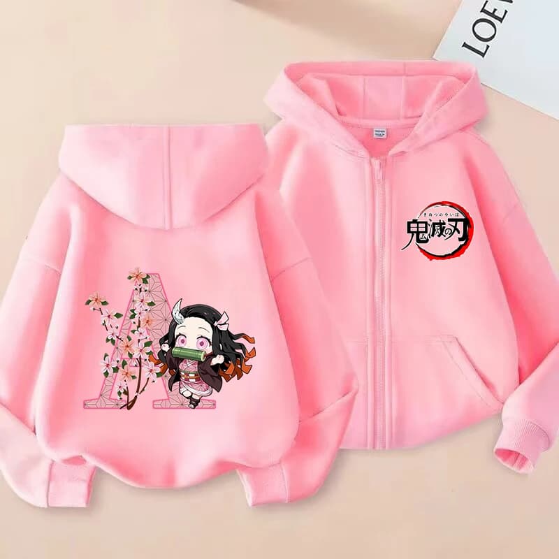 Giacca Demon Slayer per Ragazze, Felpa con Cappuccio e Cerniera Sottile con Lettere A-Z, Costume a Maniche Lunghe, Giacche Casual con Cartoni Animati