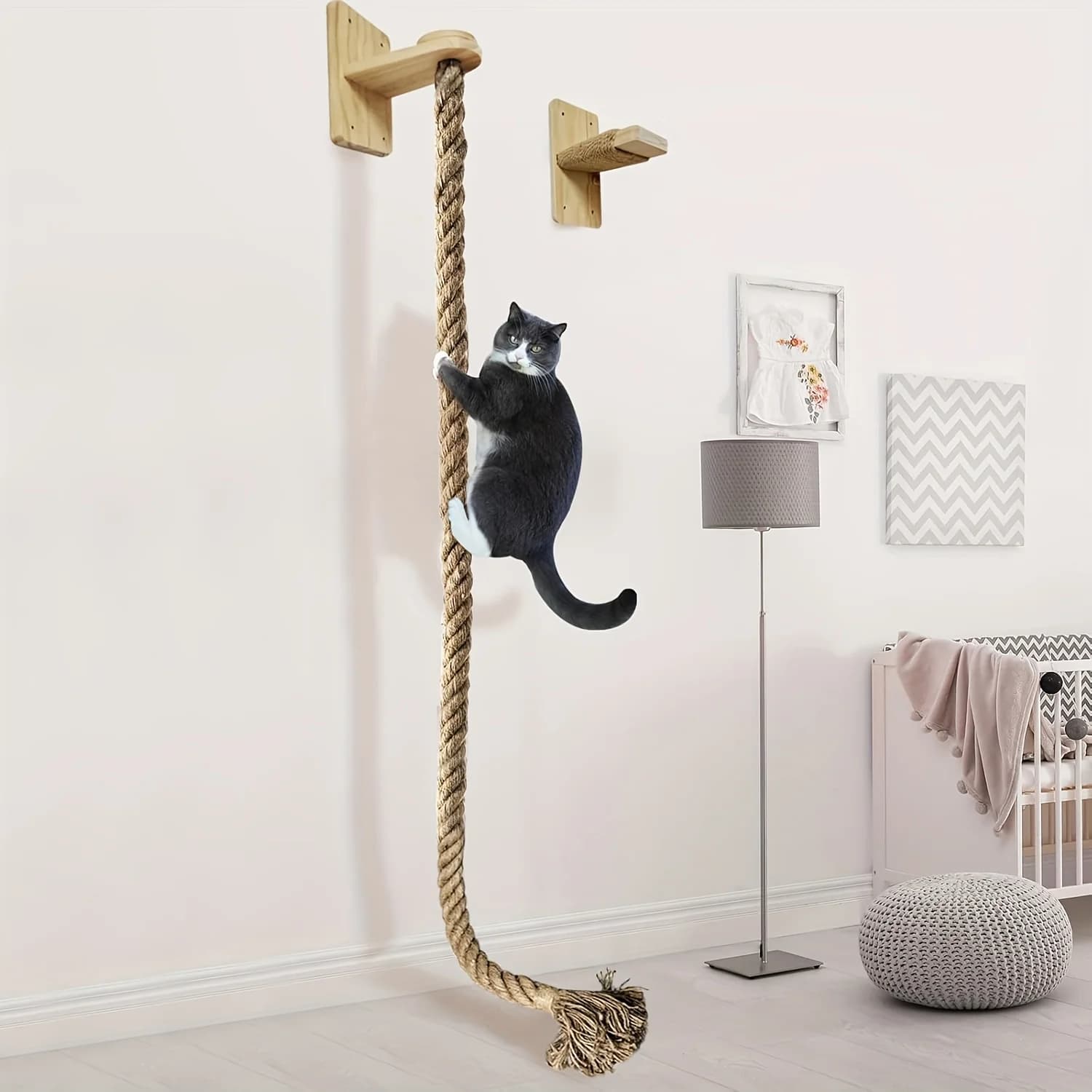 Albero per Gatti da Parete in Legno Premium e Tiragraffi - Torre per Gatti Grande da 150 cm con Scala, Piattaforma Salto, Area Relax e Giocattoli Interattivi - Arredamento Salvaspazio per Gatti da Interno - Corda per Arrampicata Resistente
