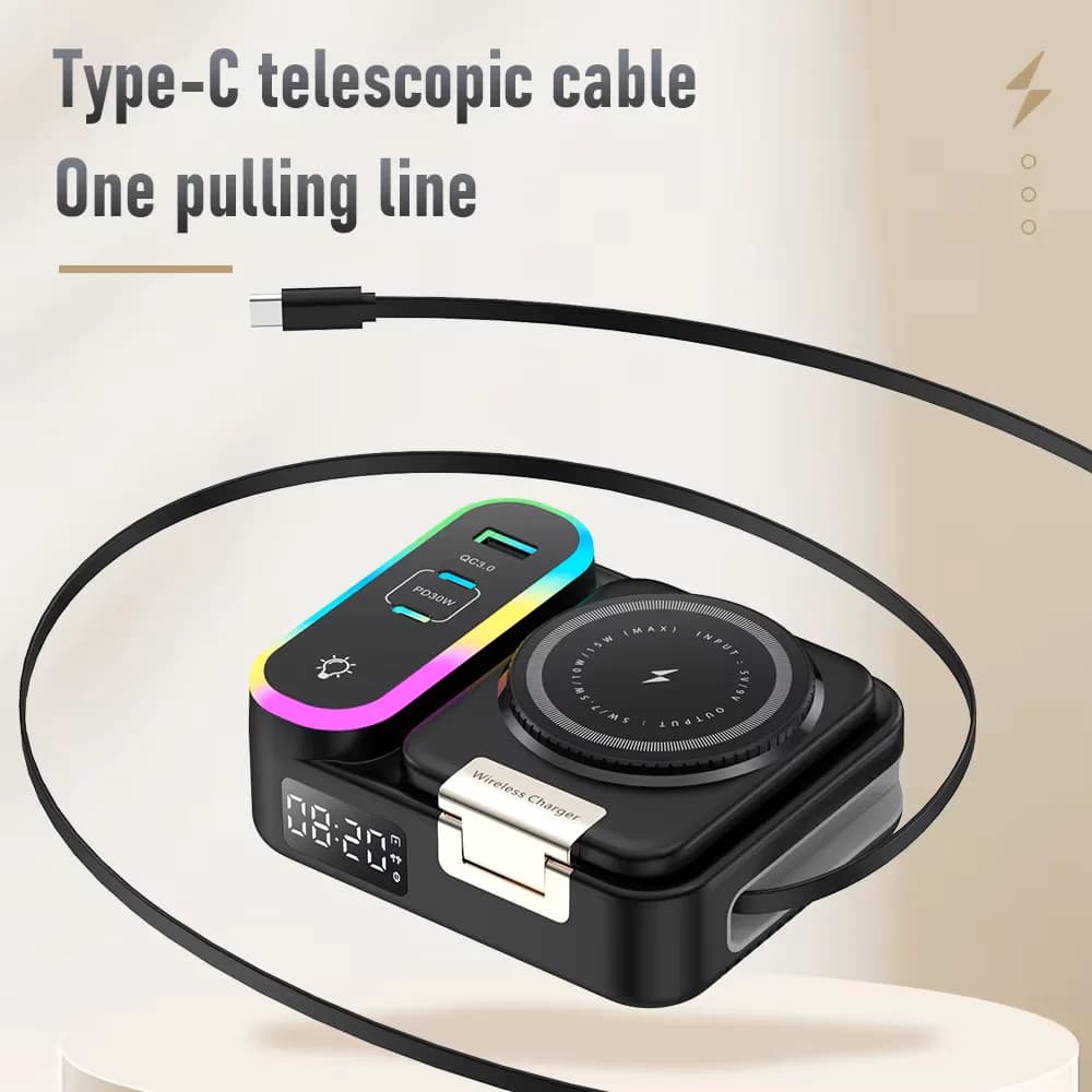 Caricatore Wireless Magnetico Versatile da 15W con Ricarica Rapida, Cavo Retrattile, Orologio Digitale e Supporto Pieghevole